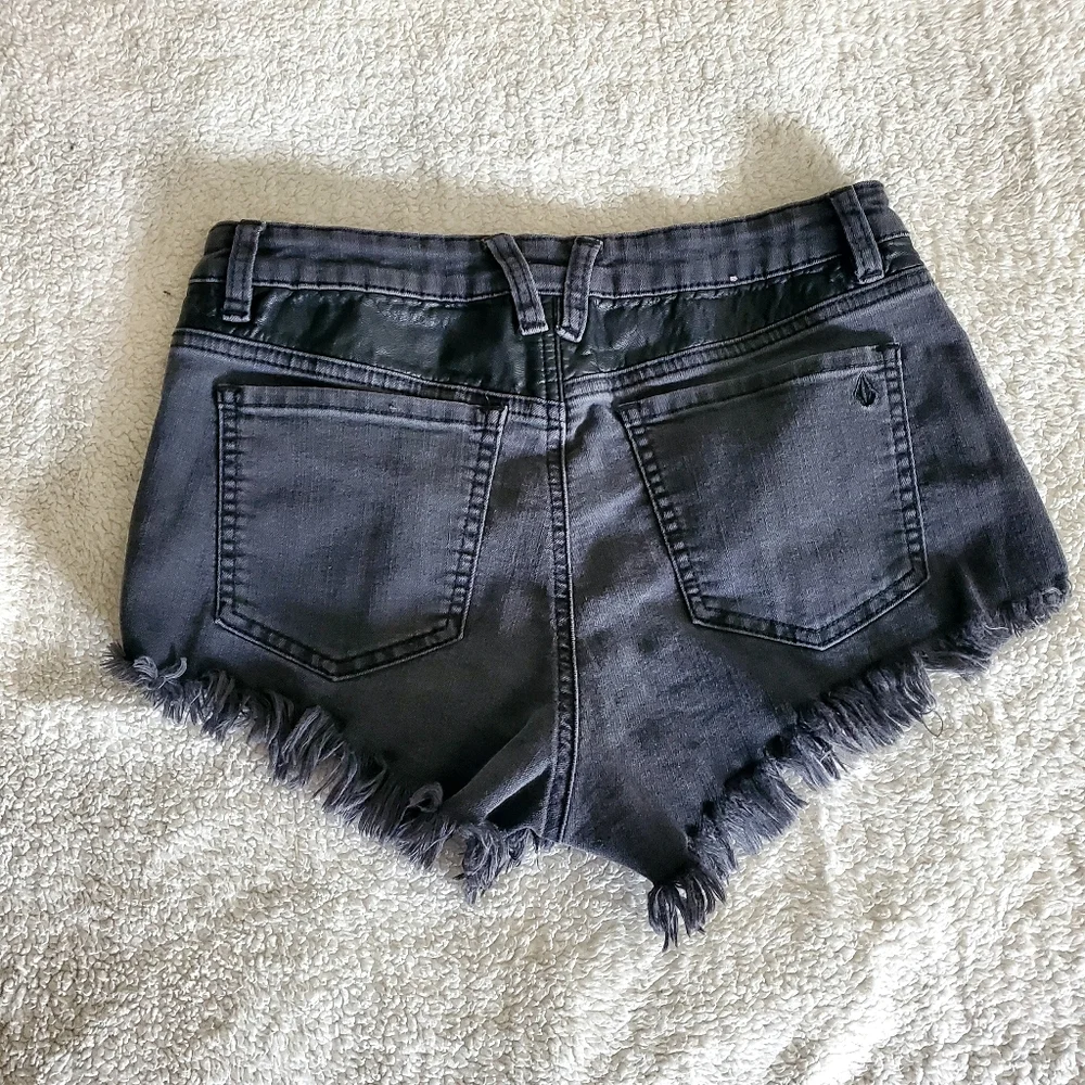 Volcom Jean Short Shorts Black Distressed Half Side Vaux Leather Summer Cowgirl